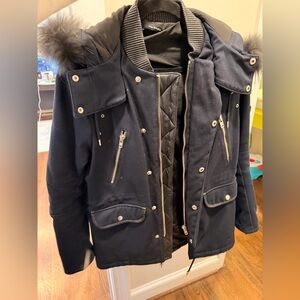 The Kooples Black Puffer Jacket with Fur Trim